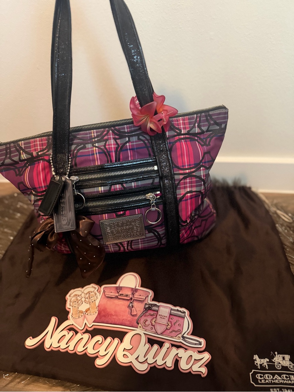 Coach Plaid Tote in Pink and Black